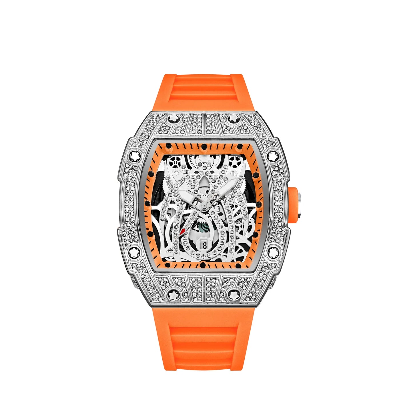 Mode Tonneau Hollow Full Diamond Gravyrhuvud Quartz Klocka Herr Lyxig Lysande Vattentät Datum Klockor Herr Stål Herrklocka