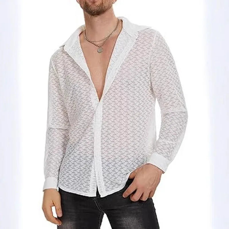[Vår/Sommar Nyhet] Trenden med ihålig mesh, nattklubb, fest, casual, herrskjorta, sexig spetsperspektiv, långärmad skjorta för män