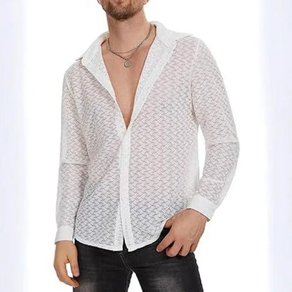 [Vår/Sommar Nyhet] Trenden med ihålig mesh, nattklubb, fest, casual, herrskjorta, sexig spetsperspektiv, långärmad skjorta för män