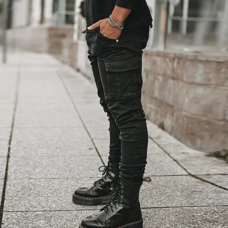 Herr Amerikanska Jeans Med Flerficksfickor Herr Nya Slim Fit Smala Ben Denimbyxor Dagligen Casual Mångsidiga Enfärgade Pennbyxor