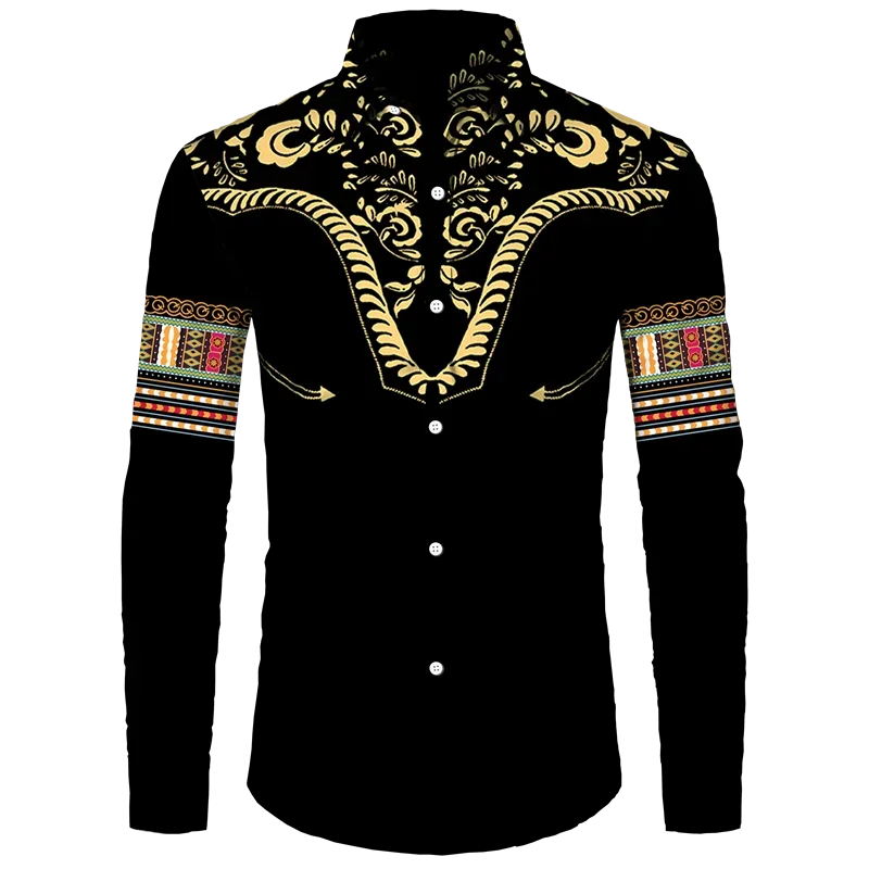Afrikanskt Dashiki-tryck Herrskjortor med nedfällbar krage och knappar Långärmade Toppar Kläder Etnisk Stil Streetwear Kläder Skjorta