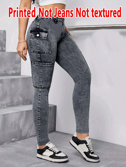 Dambyxor i denim utan läder, tajta byxor med texturfritt tyg för alla årstider