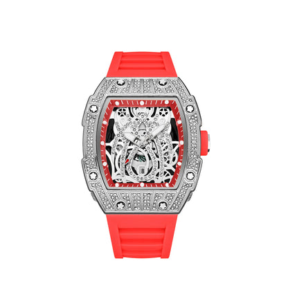 Mode Tonneau Hollow Full Diamond Gravyrhuvud Quartz Klocka Herr Lyxig Lysande Vattentät Datum Klockor Herr Stål Herrklocka