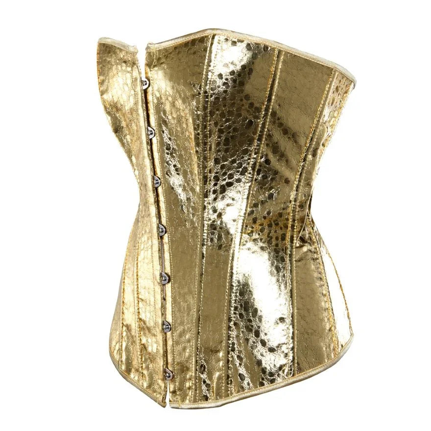 Dam Konstläder Glänsande Guld Silver Överbystkorsett Burlesk Bustier Body Shaper Steampunk Korsett Topp Plus Storlek