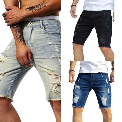 Sommar Slitna Jeans Herr Stretch Denim Shorts Herr Korta Jeans Slim Raka Shorts Mode Svarta Jeans Herrkläder Streetwear