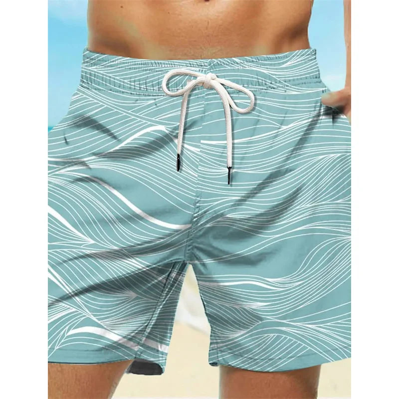 Böjda randiga badbyxor med grafisk design för män, moderiktiga 3D-tryck, korta byxor, sommarsemester, hawaiianska, dragsko, snabbtorkande boardshorts