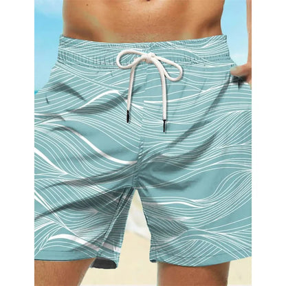 Böjda randiga badbyxor med grafisk design för män, moderiktiga 3D-tryck, korta byxor, sommarsemester, hawaiianska, dragsko, snabbtorkande boardshorts