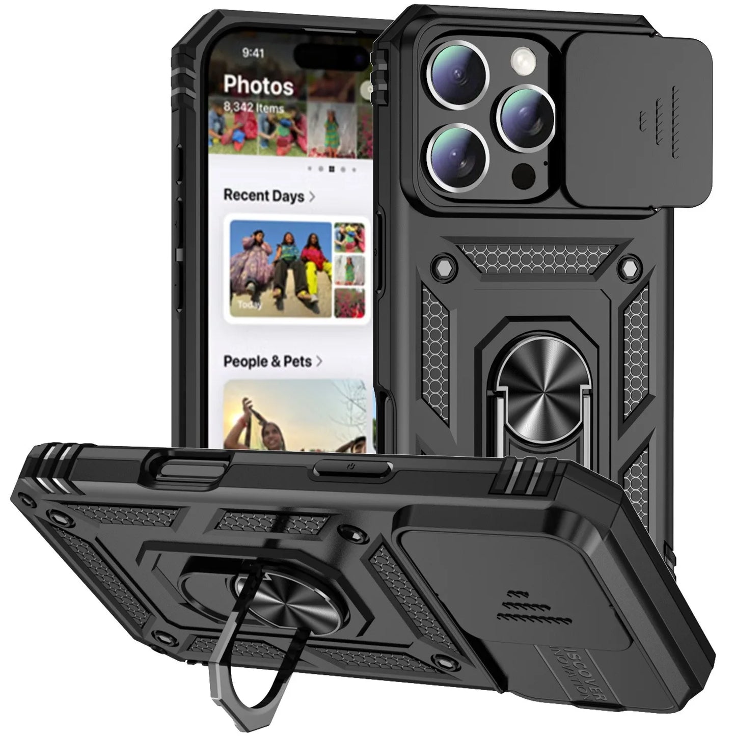 Ringstativ Roterande Skjutkameralins Militärklassat Pansarskal för iPhone 17 16 E 14 13 12 11 15 Pro Max Plus Mini Skal