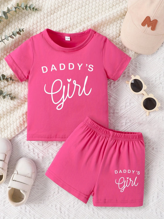 Rund halsringning för babyflicka med kortärmad DADDY'S GIRL-klänning, trendigt och bokstavsmönster, topp och avslappnad shortsset för vår och sommar