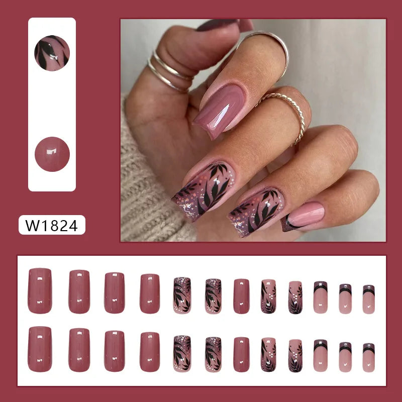 Mörkröd Charm 24 st press-on naglar rosa gradient lösnaglar glansiga konstgjorda fingermanikyr återanvändbara lösnaglar för kvinnor