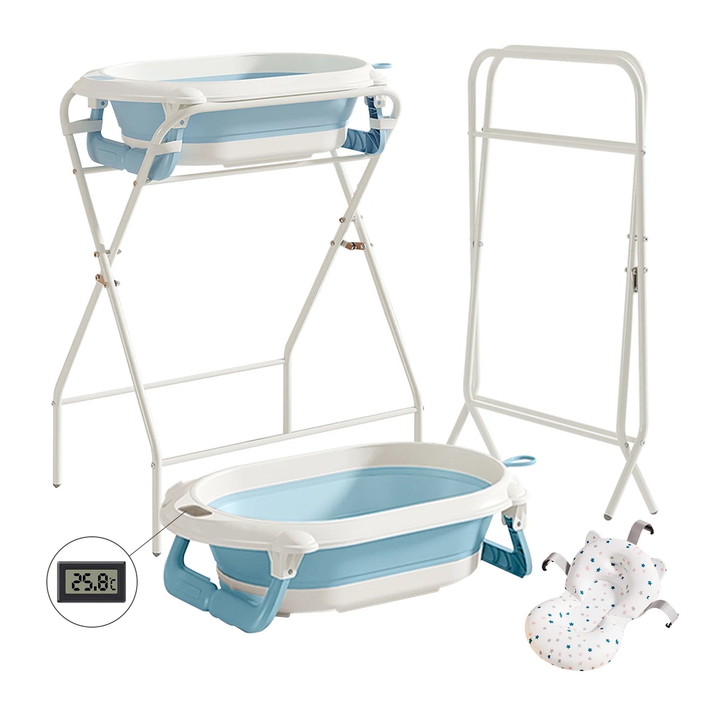 3 in 1 Baby Bath with Stand, Foldable Baby Bath Tub for Newborn to Toddler with Thermometer & Bath Pillow,Multifunctional,Grey