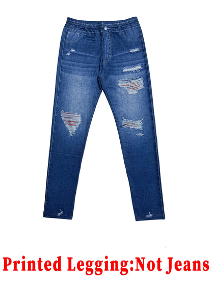 Modetryckta faux denim skinny byxor, hög midja elastisk höftlyftande magkontroll ytterkläder långa leggings