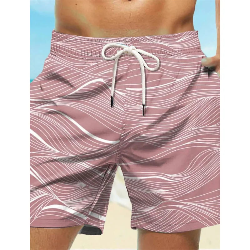 Böjda randiga badbyxor med grafisk design för män, moderiktiga 3D-tryck, korta byxor, sommarsemester, hawaiianska, dragsko, snabbtorkande boardshorts