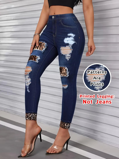 Moderiktiga skinny byxor med konstjeanstryck för kvinnor, högelastiska sömlösa leggings med fuskfickor, sportleggings i hellång längd