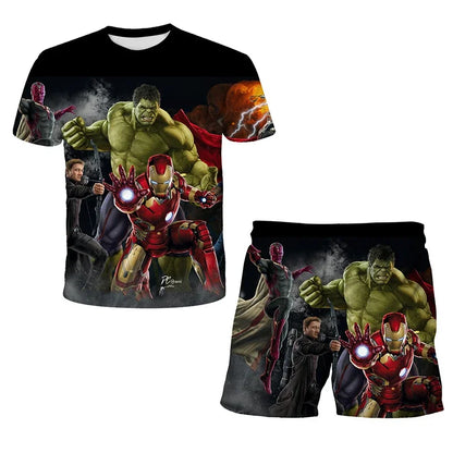 Kids Unisex Marvel Tshirt Set Summer Game Print Superhero Clothes Hulk Iron Man Short Sleeve Pants 2 Piece