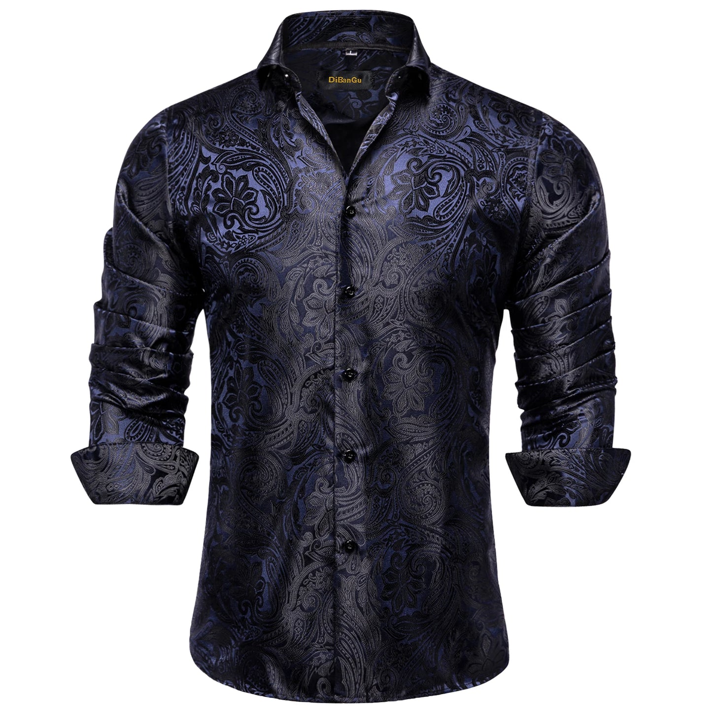 2026 Lyxig Herrskjorta Formell Bal Smoking Långärmad Siden Polyester Gyllene Färg Paisley Svarta Skjortor Blus Herrkläder