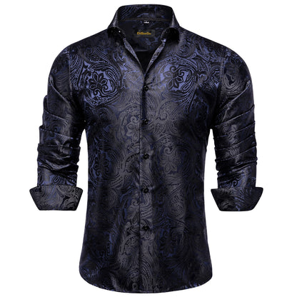 2026 Lyxig Herrskjorta Formell Bal Smoking Långärmad Siden Polyester Gyllene Färg Paisley Svarta Skjortor Blus Herrkläder