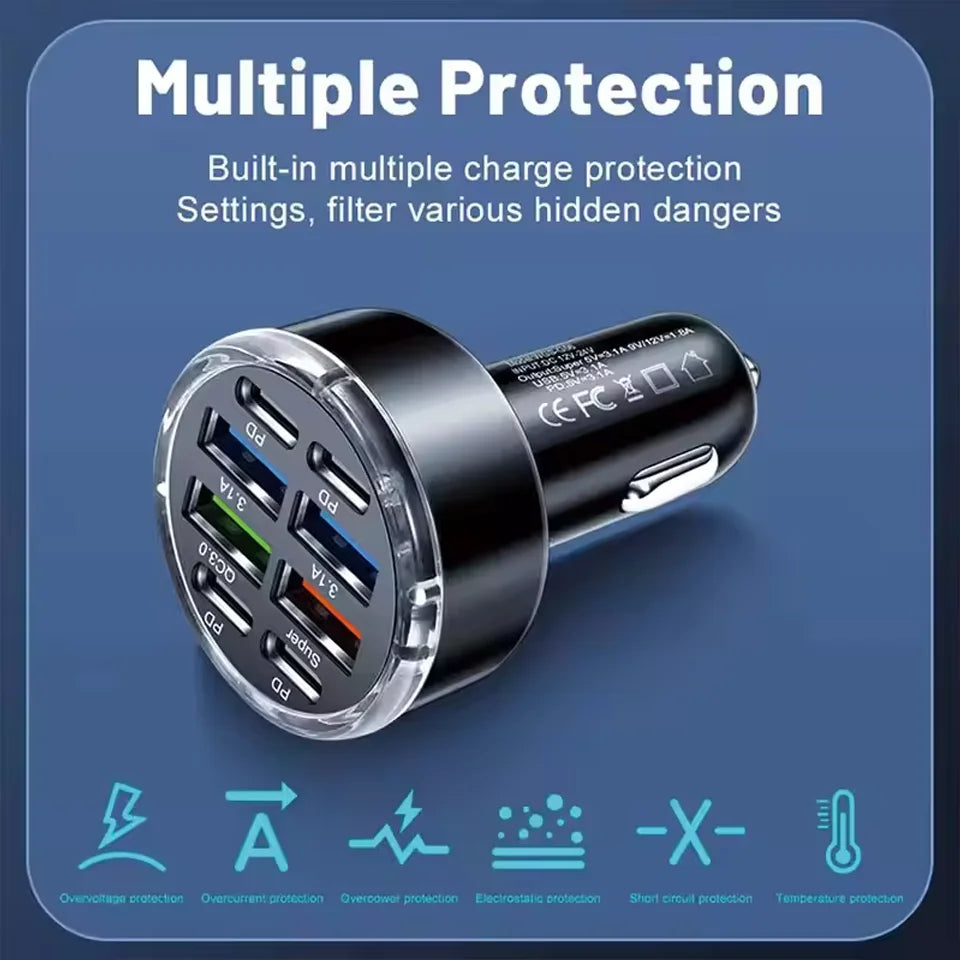 8-portars billaddare med 3-faldigt stativdatakabel, PD QC3.0 snabbladdningsadapter för USB C-biltelefon för iPhone 17 16 Samsung