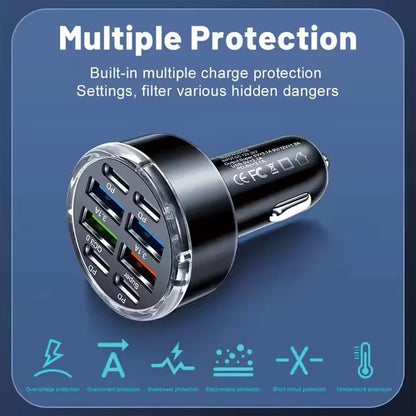 8-portars billaddare med 3-faldigt stativdatakabel, PD QC3.0 snabbladdningsadapter för USB C-biltelefon för iPhone 17 16 Samsung