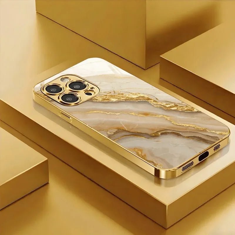 Mobilskal med mönster i guldvit marmor för iPhone 17, 16, 15 Pro, 14, 13, 12, 11, 12 Pro, 13 Pro Max, 14 Plus, 16e och 17 Air – med skydd av härdat glas