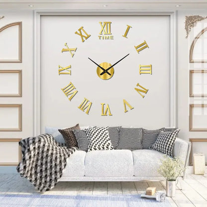 3D akryl digital väggklocka romerska siffror design spegelväggklocka mode stor rund väggklocka gör-det-själv självhäftande klockor