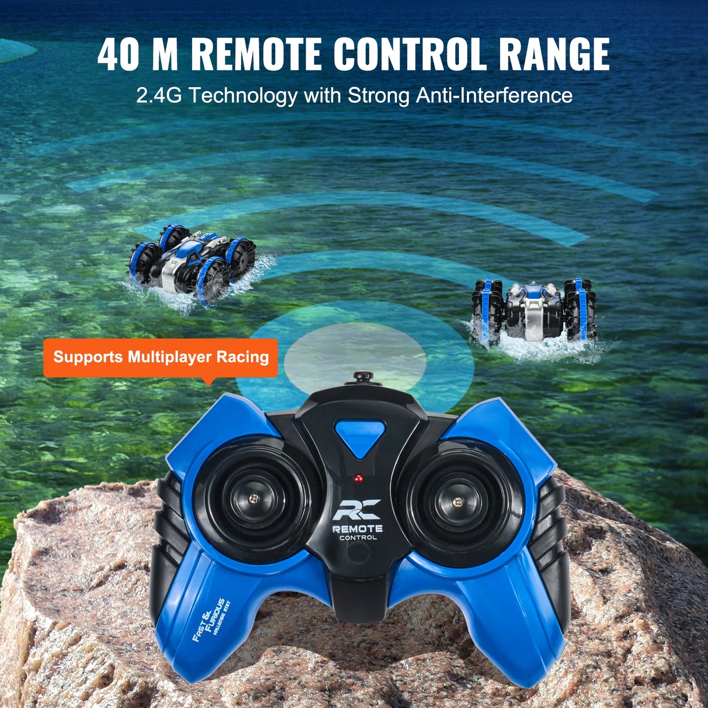 SucceBuy Blå/Gul Amfibisk RC Bil Båt 2.4GHz 12 km/h Elektrisk Fjärrkontroll 360° Roterande Stuntbil Vatten Strand Poolleksaker