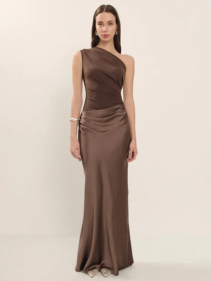 Mozision Satin Lutande Axel Sexig Maxiklänning Dammode Patchwork Ärmlös Rygglös Bodycon Kvällsklubb Festklänning