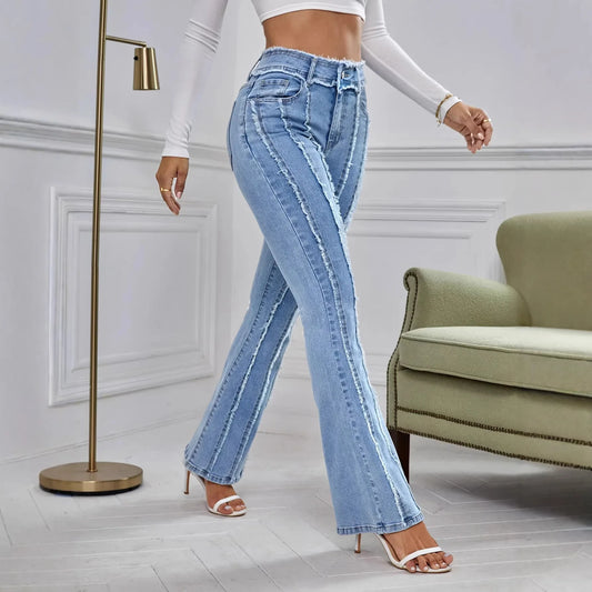 Dam Denimbyxor Jeans Vintage Långbyxor Slim Fit Hög Midja Raka Byxor Y2k Streetwear Elegant Splice Arbete Casual Sommar