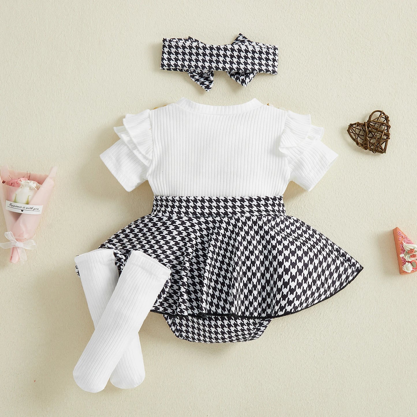 Spädbarn Nyfödd Baby Flicka Våroutfit Hundtandsmönster Kortärmad Ribbad Sparkdräkt Klänning Rosett Pannband och Strumpor 3 Delat Set