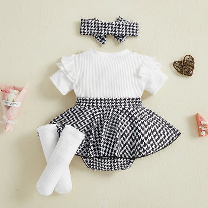 Spädbarn Nyfödd Baby Flicka Våroutfit Hundtandsmönster Kortärmad Ribbad Sparkdräkt Klänning Rosett Pannband och Strumpor 3 Delat Set