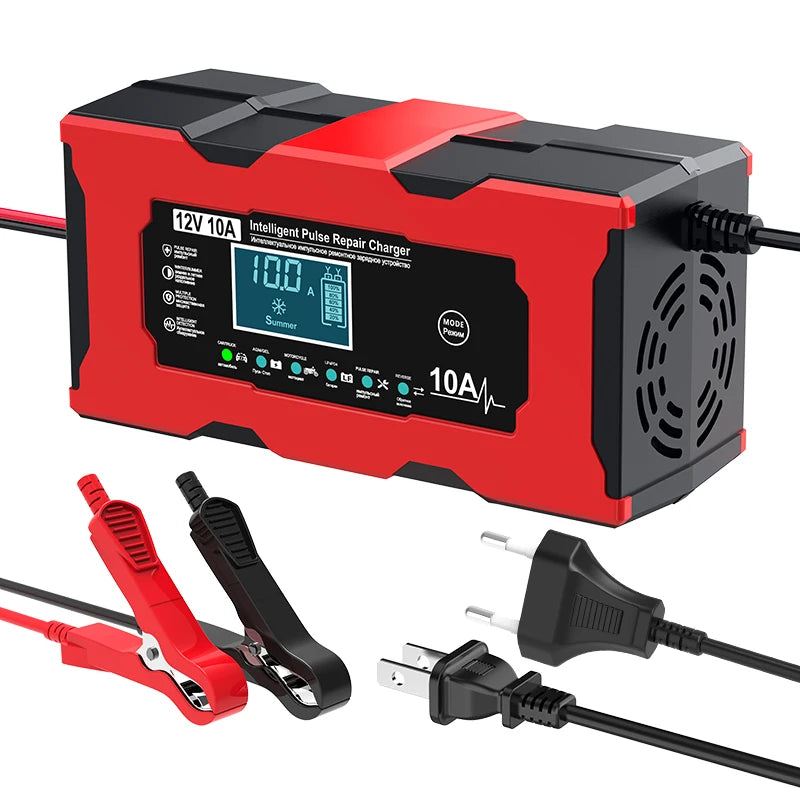 Bil- och husbilsstartare Batteriladdare 12V 10A Smart laddningsladdare med krokodilklämma LCD-skärm för Lifepo4 blysyra AGM GEL