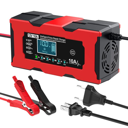 Bil- och husbilsstartare Batteriladdare 12V 10A Smart laddningsladdare med krokodilklämma LCD-skärm för Lifepo4 blysyra AGM GEL