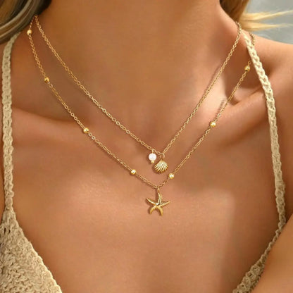 Halsband för kvinnor, 14k guldpläterat rostfritt stål, lager av sjöstjärna, snäckskal, pärlberlock, sommarstrandsmycken