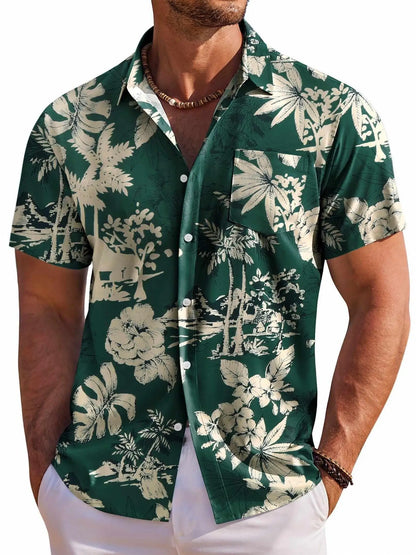 Herrskjorta med kort ärm, Hawaiiskjorta med botaniskt blommönster, slag, strandskjorta, topp, casual, moderiktiga skjortor
