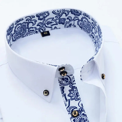 Herr Kortärmade Skjortor Blåvit Porslinskrage Skjorta Koreansk Slim Fit Casual Affärsmässig Formell Social Vit Bomull