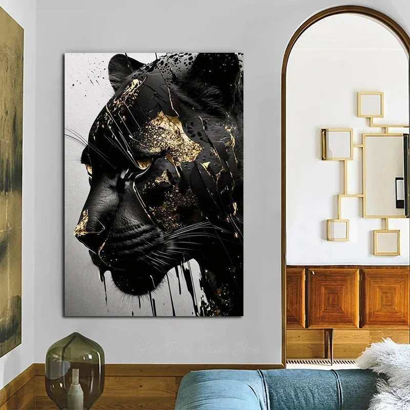 Svart och guld Svart panter abstrakt väggkonst posters och tryck Canvastavlor väggbilder för vardagsrum heminredning
