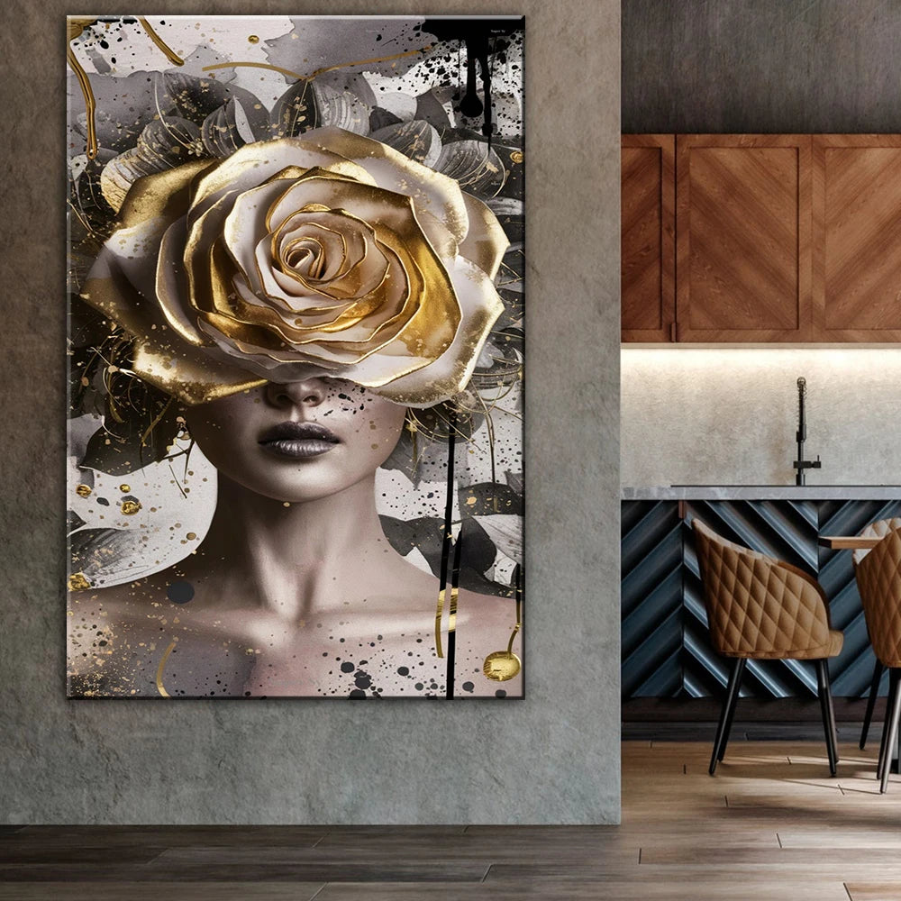 Guldfolie Mode Kvinna Porträtt Poster Tryck För Vardagsrumsinredning Asbtract Figur Blommig Kvinna Canvastavla Modern Väggkonst