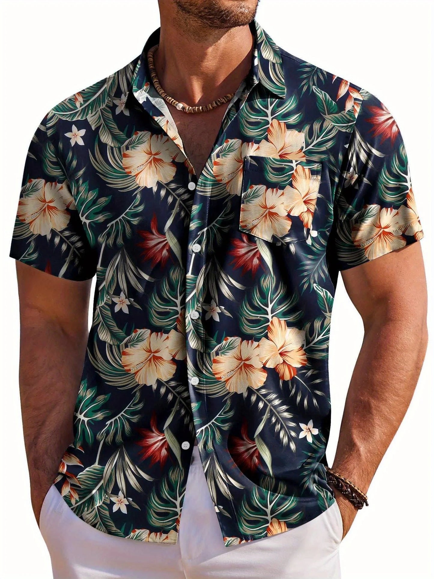 Herrskjorta med kort ärm, Hawaiiskjorta med botaniskt blommönster, slag, strandskjorta, topp, casual, moderiktiga skjortor