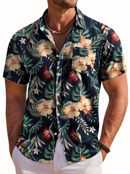 Herrskjorta med kort ärm, Hawaiiskjorta med botaniskt blommönster, slag, strandskjorta, topp, casual, moderiktiga skjortor