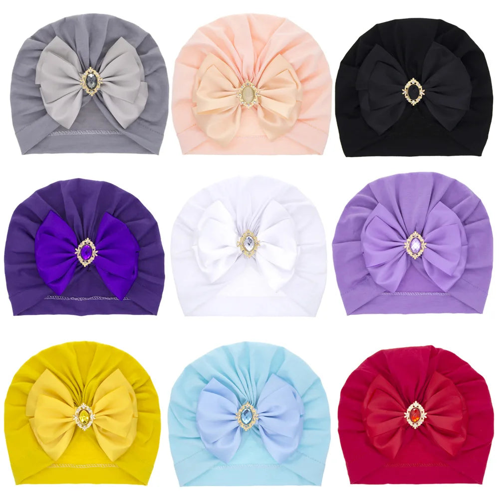 Enfärgad Baby Turban Rosett Bling Strass Spädbarnsmössor Flicka Mössa Mode Handgjord Band Rosett Indisk Mössa Mjuk Huva 0-2År