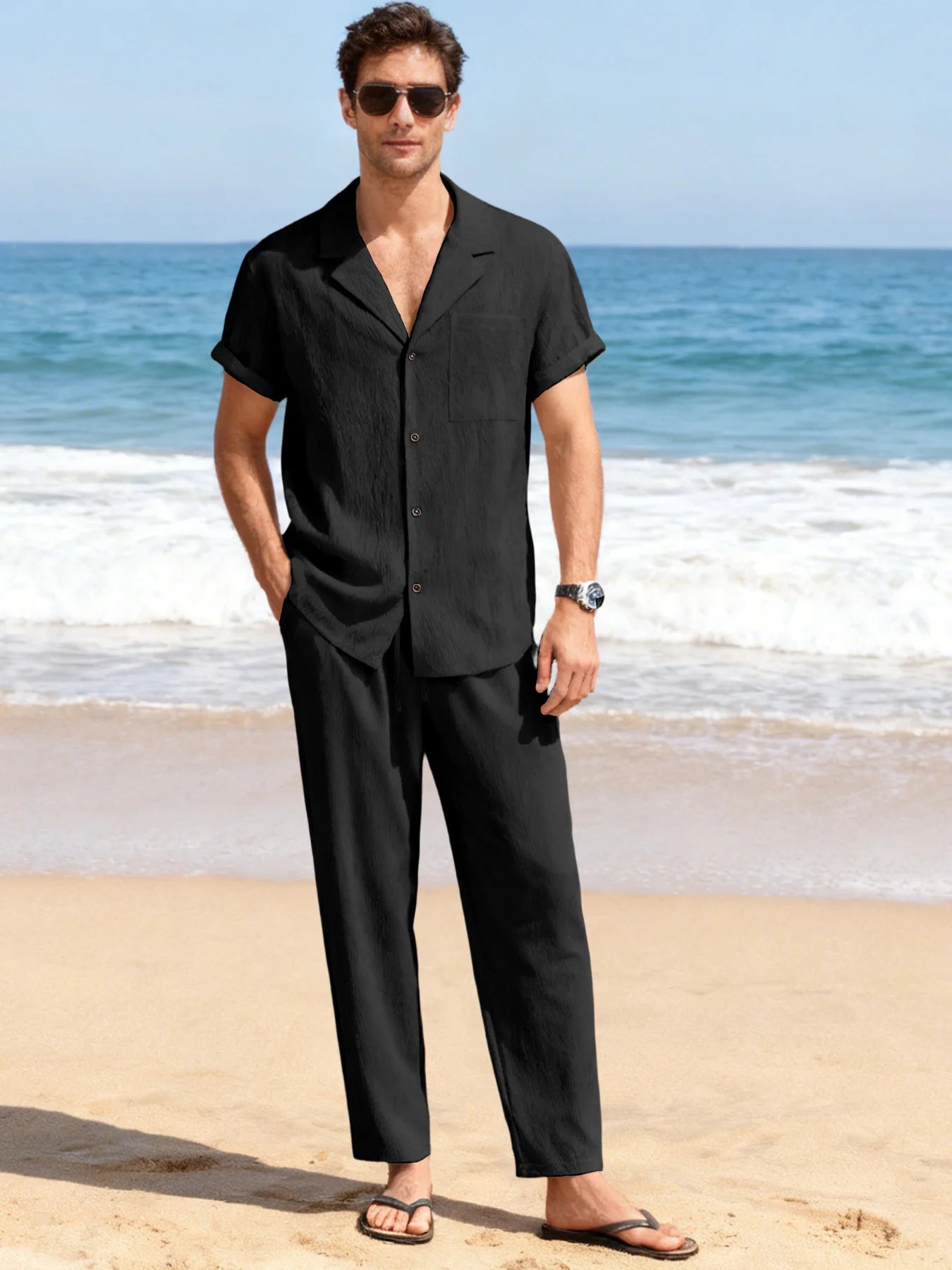 Herr Strand Linne Kortärmad Skjorta Byxor Set Sommar Casual Issiden Pikétröja Långbyxor 2-delat Set Trendigt Vardags Herrkostym
