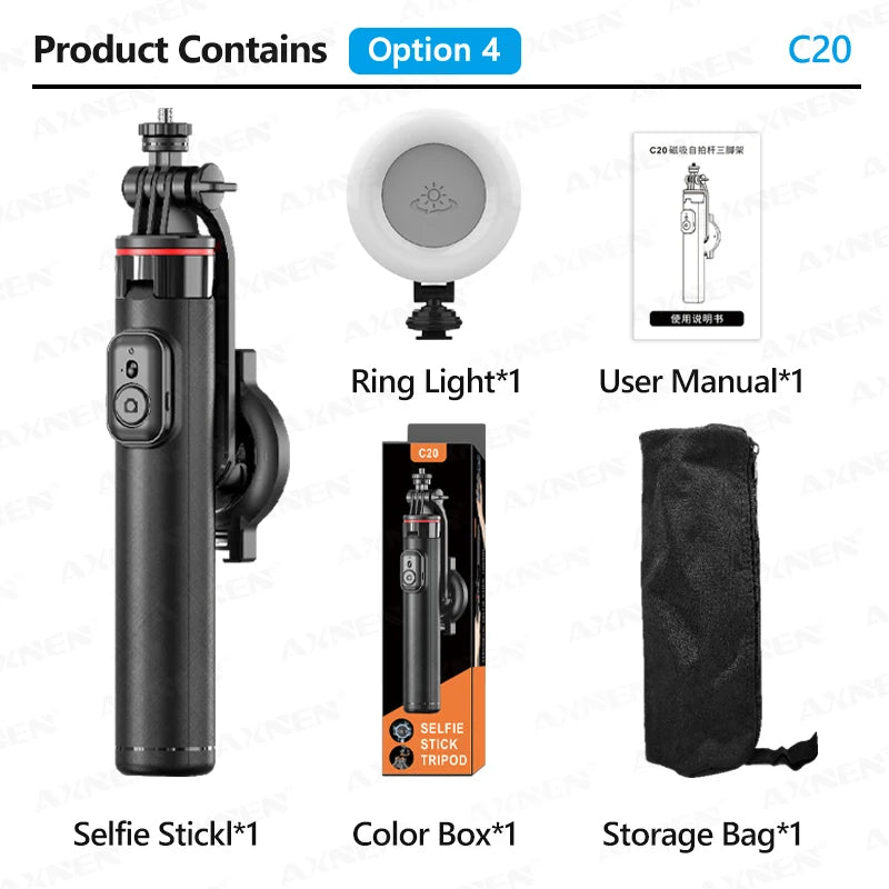 AXNEN C20 Magnetisk Selfie-Stativ Utdragbart För Mobiltelefonfotografering Med Fjärrkontroll 1/4" Gänga För Actionkamera Ringlampa