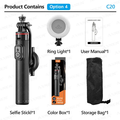 AXNEN C20 Magnetisk Selfie-Stativ Utdragbart För Mobiltelefonfotografering Med Fjärrkontroll 1/4" Gänga För Actionkamera Ringlampa