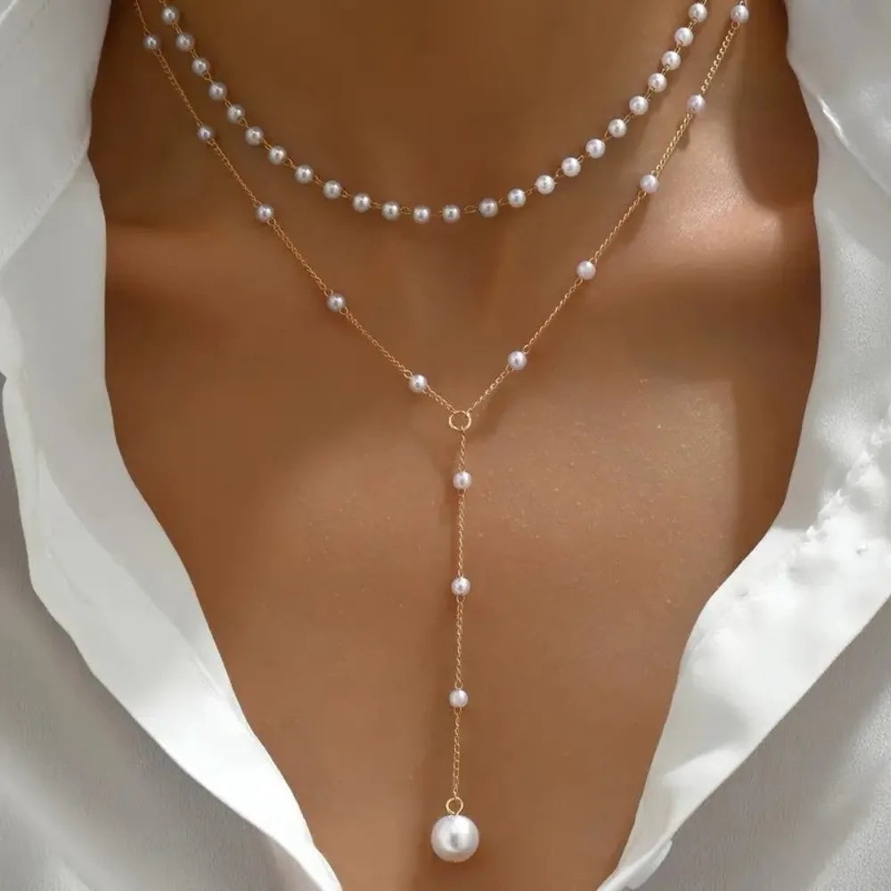 Charm Trendiga Dubbeldekade Imiterade Pärlor Långa Hängsmycken Halsband för Kvinnor Temperament Sommar Strandsmycken Accessoarer