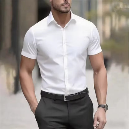 Herr Sommarskjorta för Business Kortärmad Stretchtyg Svart Utan Fickor Slim Fit Herrskjorta i Social Stil Hög Kvalitet 5XL