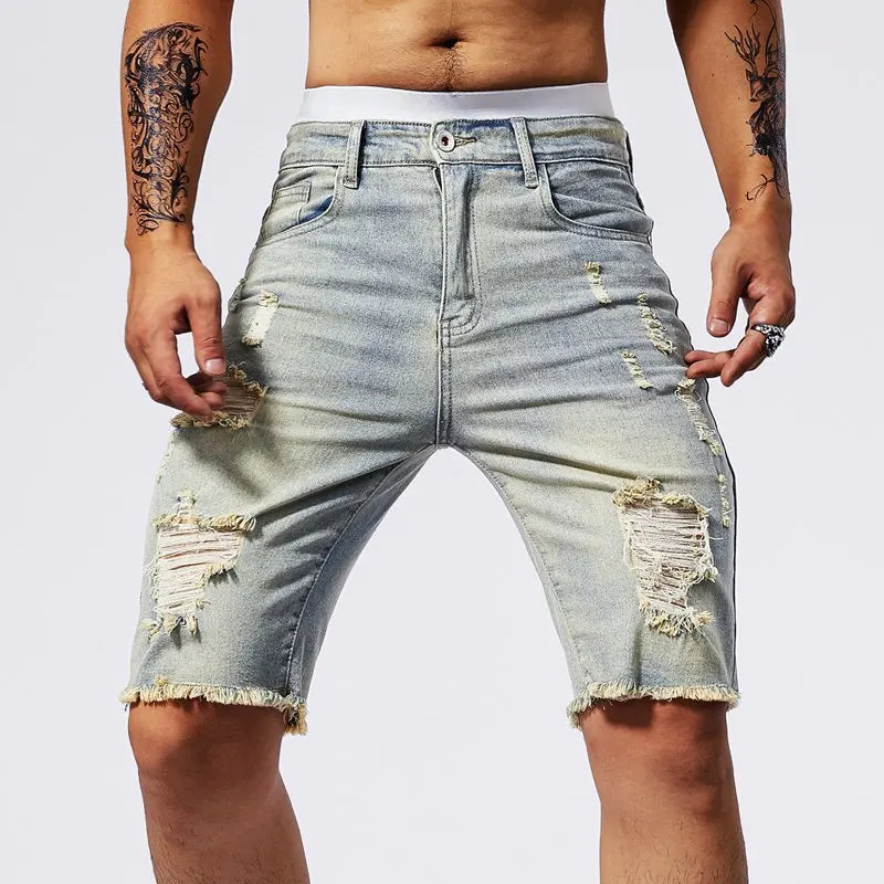 Sommar Slitna Jeans Herr Stretch Denim Shorts Herr Korta Jeans Slim Raka Shorts Mode Svarta Jeans Herrkläder Streetwear