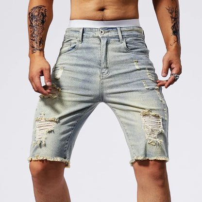 Sommar Slitna Jeans Herr Stretch Denim Shorts Herr Korta Jeans Slim Raka Shorts Mode Svarta Jeans Herrkläder Streetwear