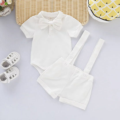 Mini Gentleman Outfit Nyfödd Baby Pojke Formella Dräkter Kortärmad Tröja Med Rosett + Sparkdräkt Korta Byxor Sommarmode 2 Delar Set