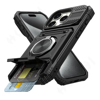 Fodral för iPhone 16 15 14 13 11 Pro Max XS XR 8 7 Plus Magnetiskt roterande ringstativ Robust fallskydd Plånboksfodral