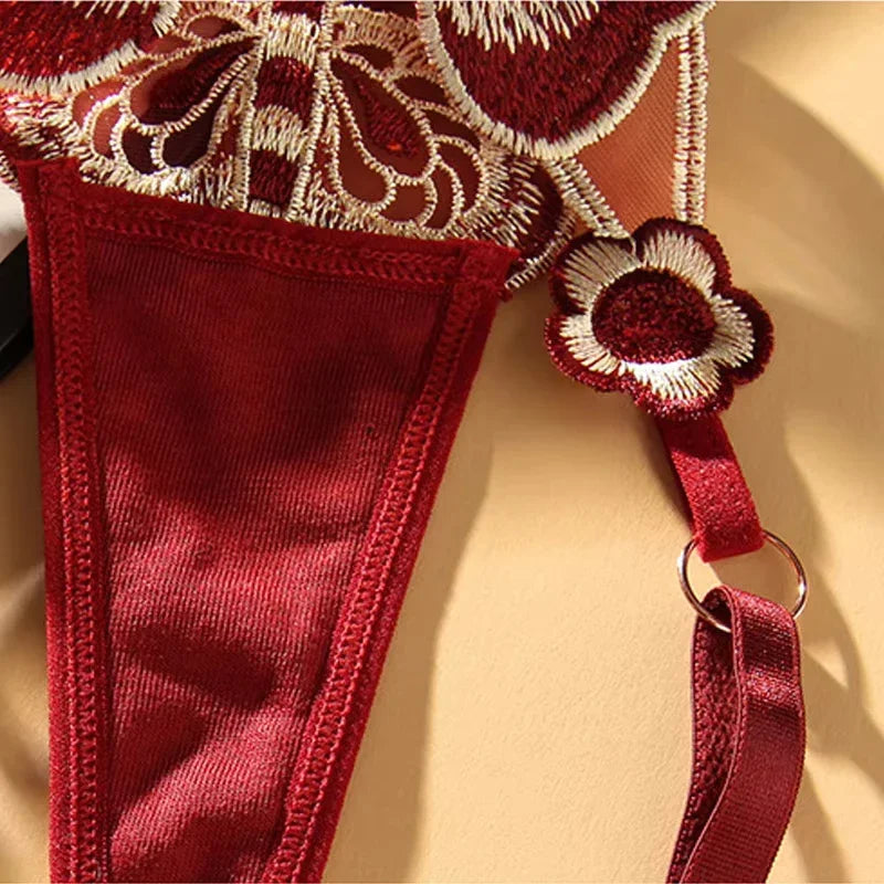 Fjärilsspetsstringtrosor för kvinnor Låg midja G-stringtrosor Transparenta meshtrosor Sexiga broderade trosor Justerbar midja Culotte Femm